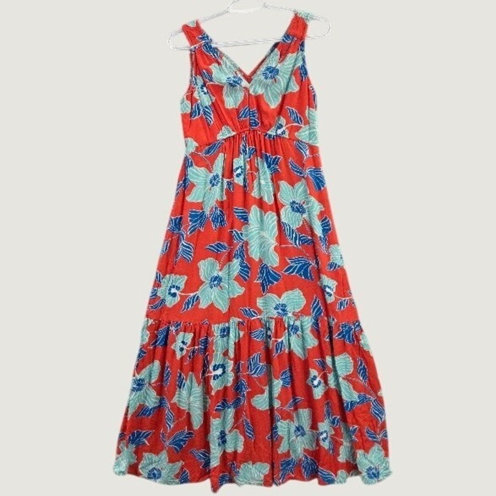 Japna Women's Sleeveless Maxi Dress Size Small Coral Blue Floral Tiered V-Neck